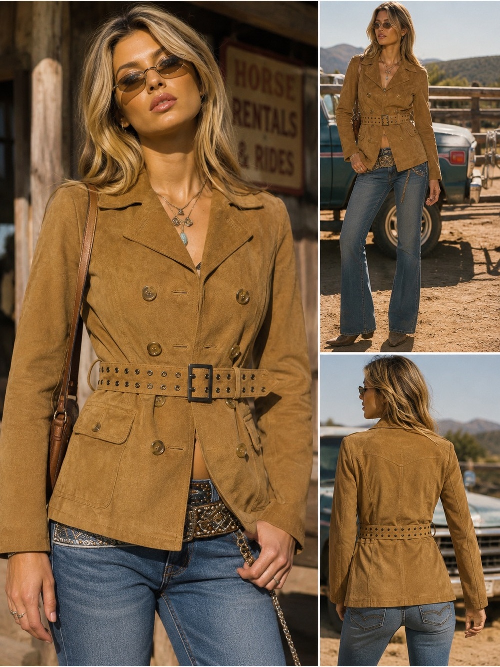 VTG Weather Vane Y2K Suede Leather Jacket Small Camel Tan Belted Western Utility
